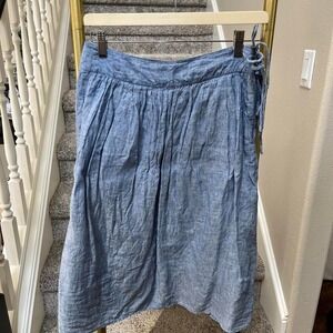 Linen blue coquette preppy midi skirt. J. Crew Pockets costal boho